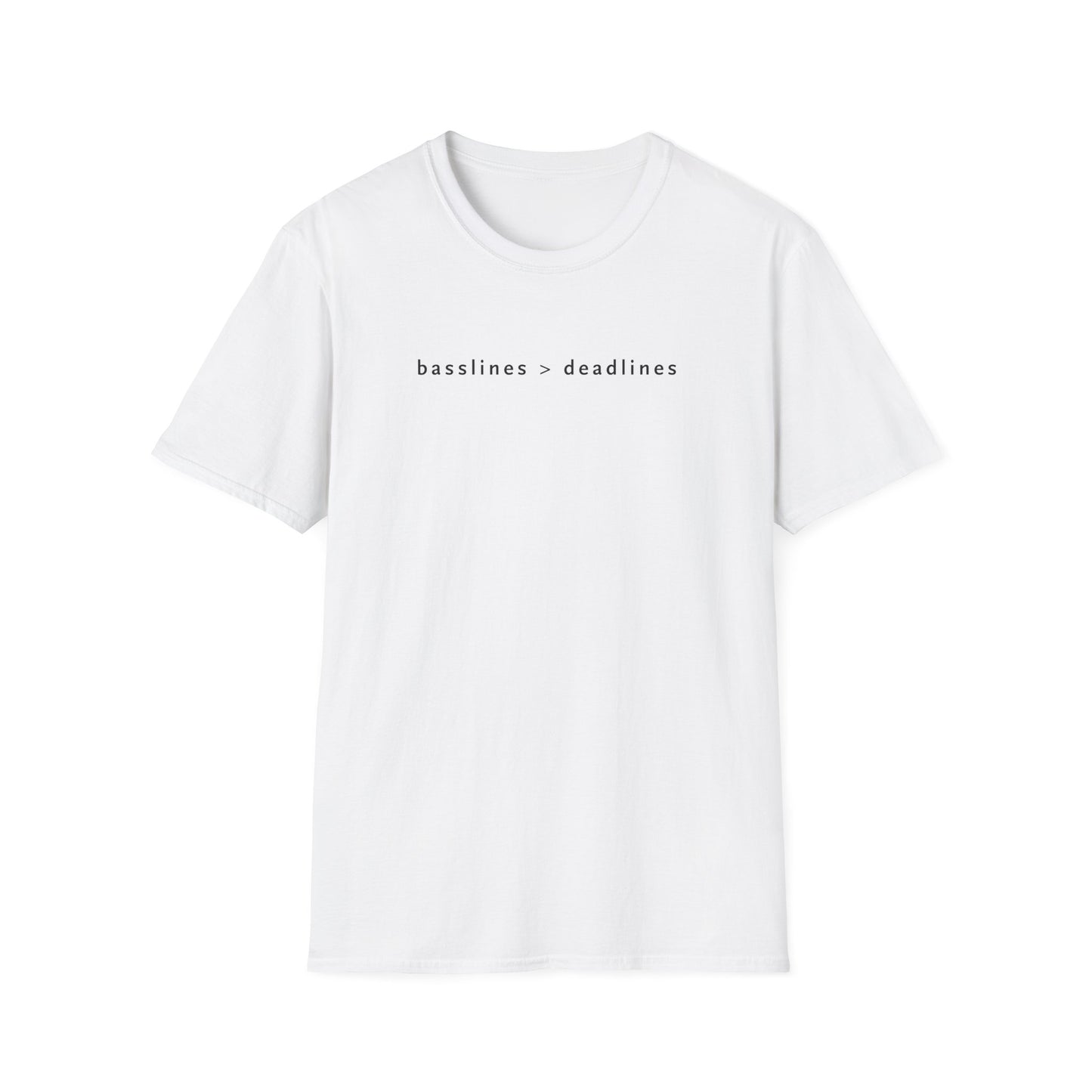 Basslines > Deadlines T-Shirt - Softstyle Graphic Tee, Casual Wear, Gift for Him/Her, Inspirational Apparel, Comfortable Daily Wear