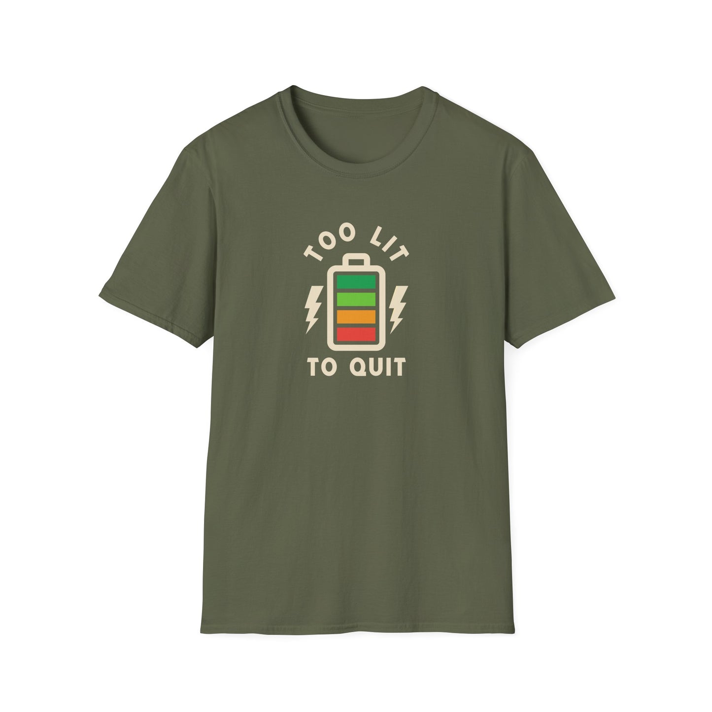 Too Lit to Quit Unisex Softstyle T-Shirt, Funny Tee, Gift for Him/Her, Battery Graphic, Casual Wear, Birthday Gift