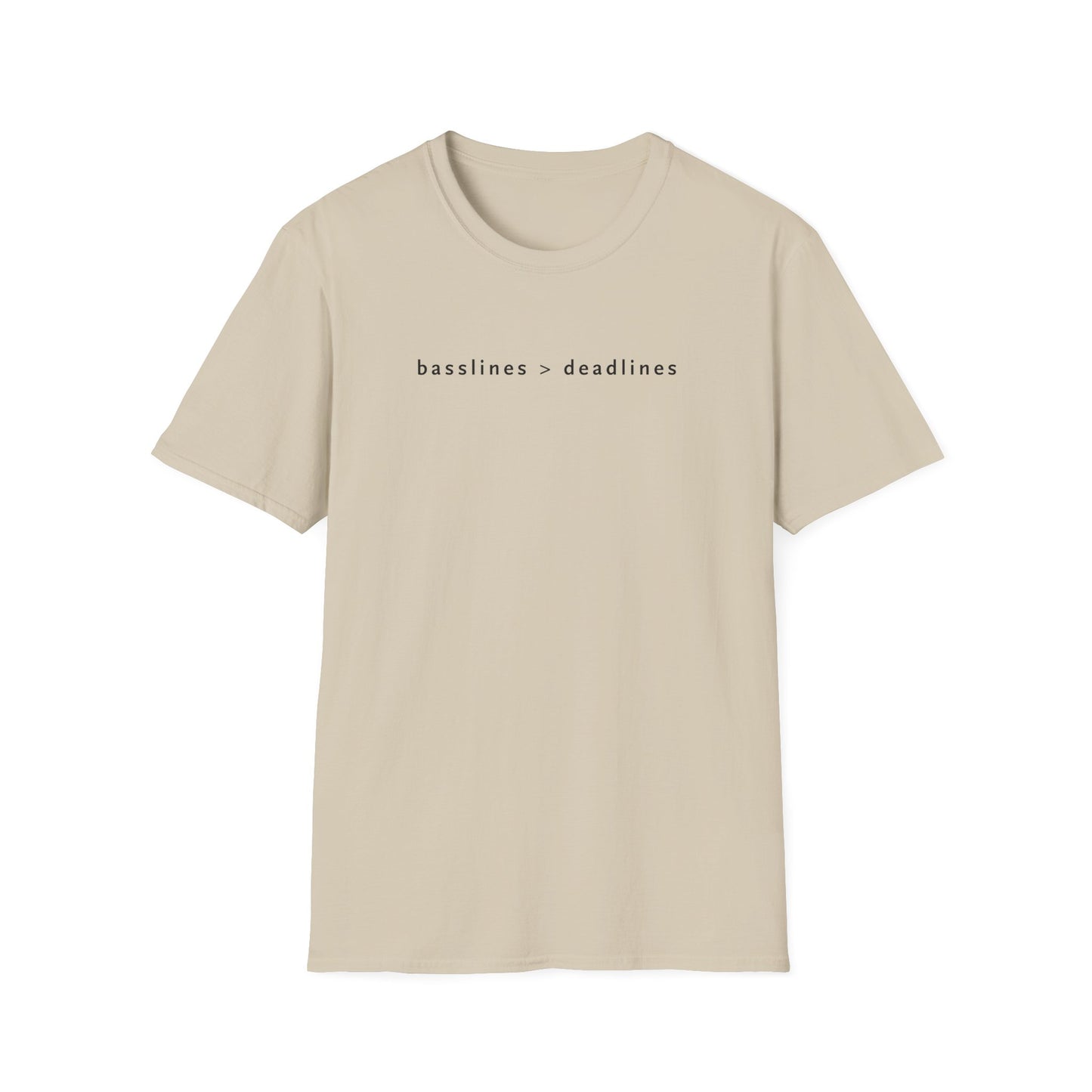 Basslines > Deadlines T-Shirt - Softstyle Graphic Tee, Casual Wear, Gift for Him/Her, Inspirational Apparel, Comfortable Daily Wear