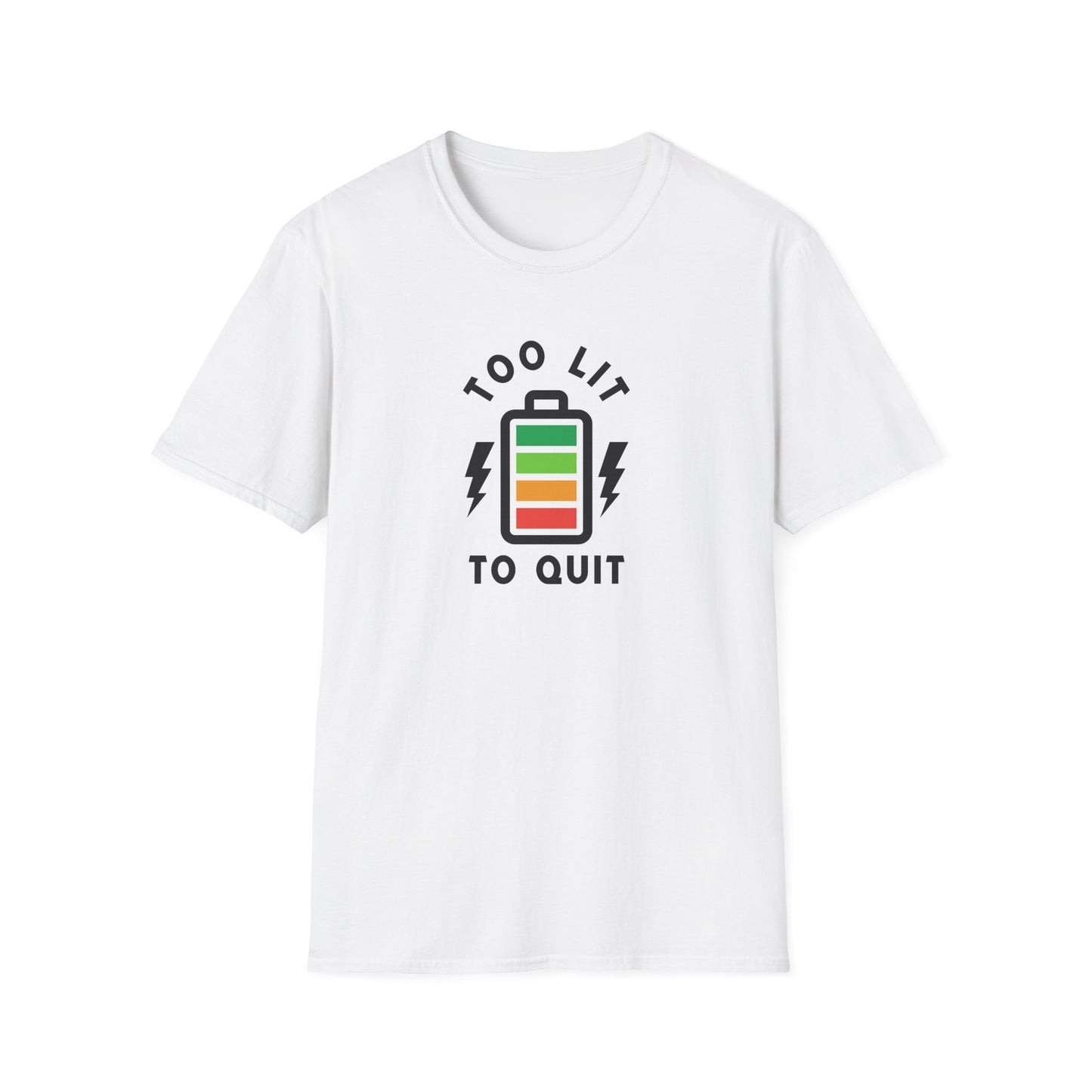Too Lit to Quit Unisex Softstyle T-Shirt, Funny Tee, Gift for Him/Her, Battery Graphic, Casual Wear, Birthday Gift