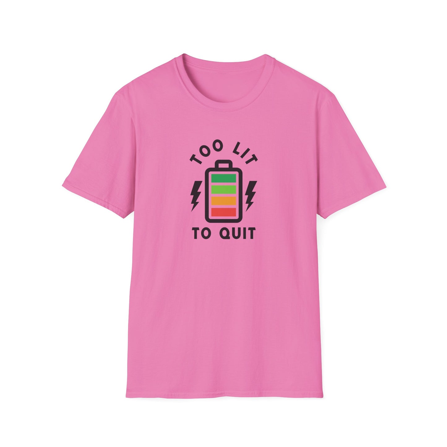 Too Lit to Quit Unisex Softstyle T-Shirt, Funny Tee, Gift for Him/Her, Battery Graphic, Casual Wear, Birthday Gift