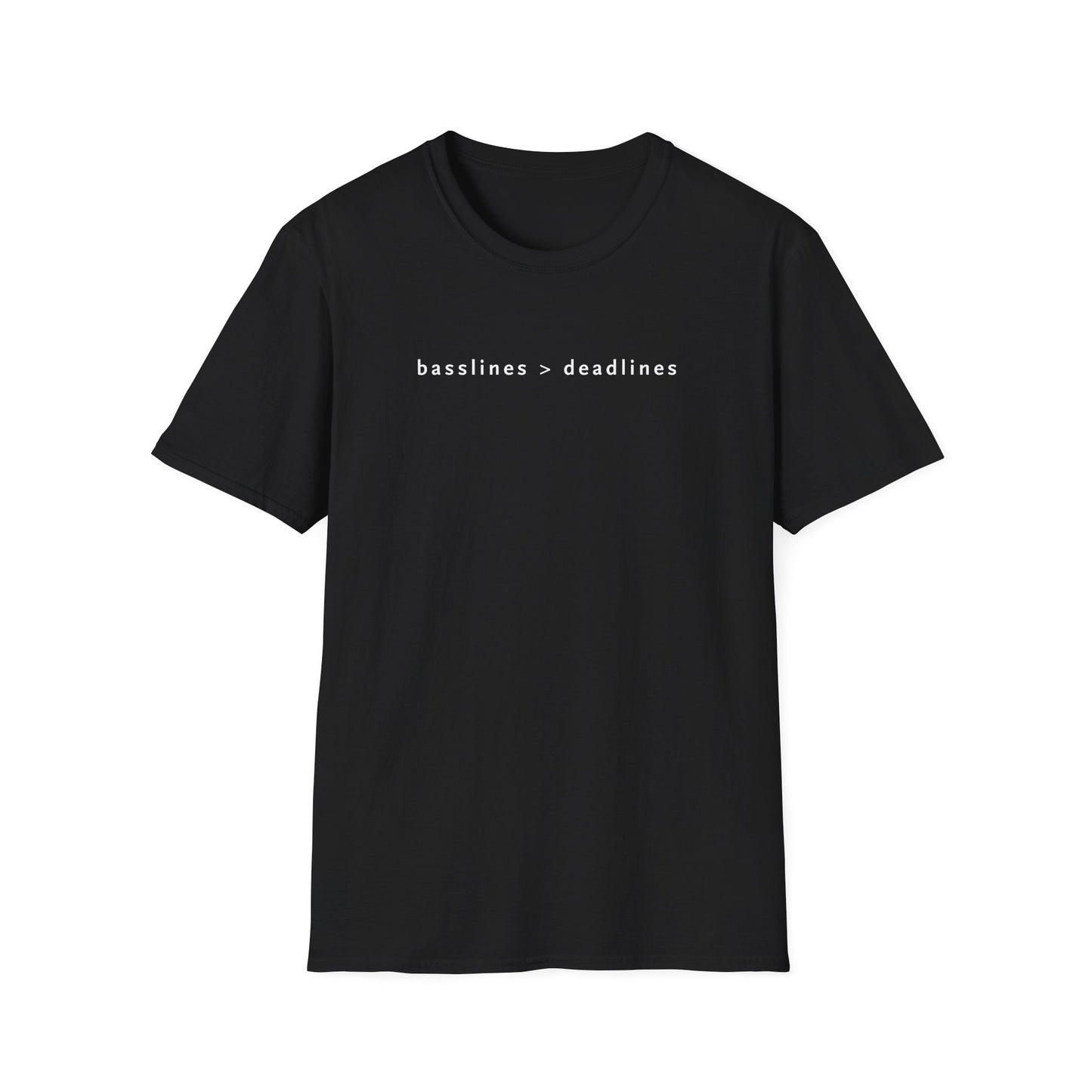 Basslines > Deadlines T-Shirt - Softstyle Graphic Tee, Casual Wear, Gift for Him/Her, Inspirational Apparel, Comfortable Daily Wear