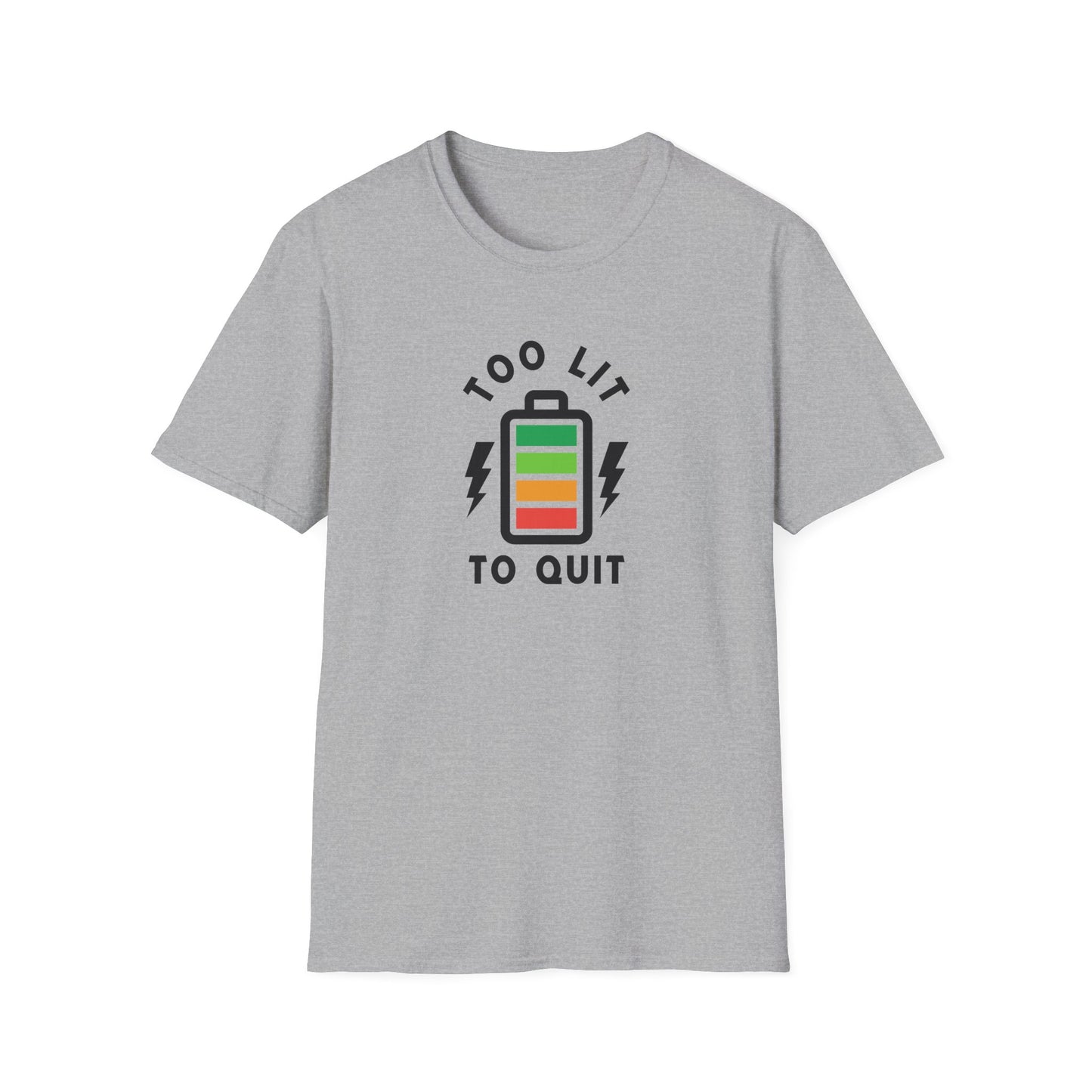 Too Lit to Quit Unisex Softstyle T-Shirt, Funny Tee, Gift for Him/Her, Battery Graphic, Casual Wear, Birthday Gift