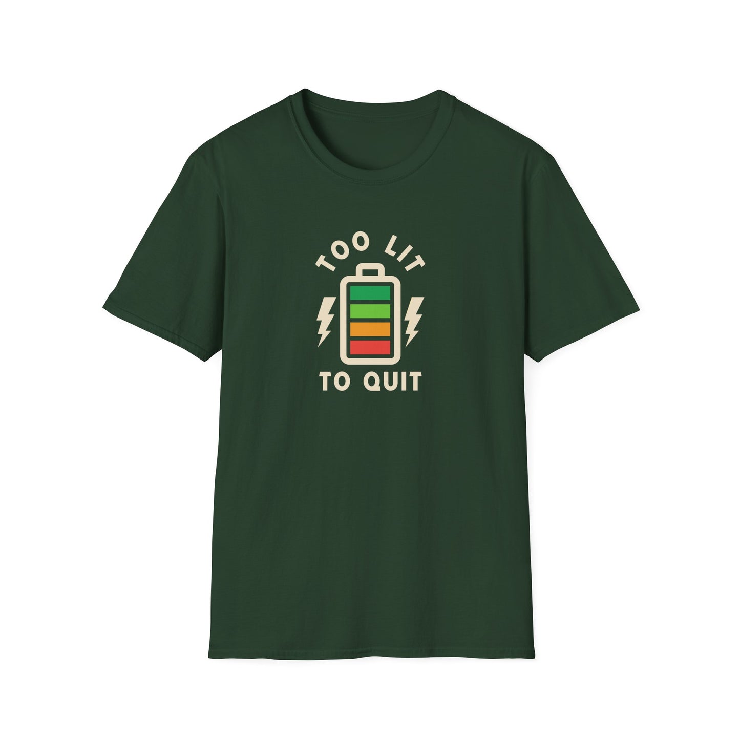 Too Lit to Quit Unisex Softstyle T-Shirt, Funny Tee, Gift for Him/Her, Battery Graphic, Casual Wear, Birthday Gift