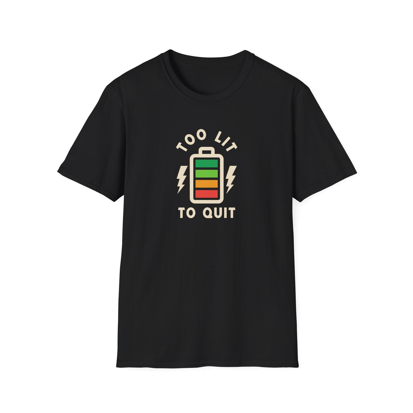 Too Lit to Quit Unisex Softstyle T-Shirt, Funny Tee, Gift for Him/Her, Battery Graphic, Casual Wear, Birthday Gift