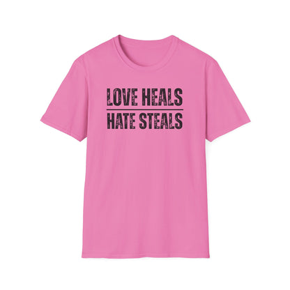 Unisex Softstyle T-Shirt with 'Love Heals, Hate Steals' Design - Inspirational Gift, Casual Wear, Positive Message, Everyday Tee, [...]