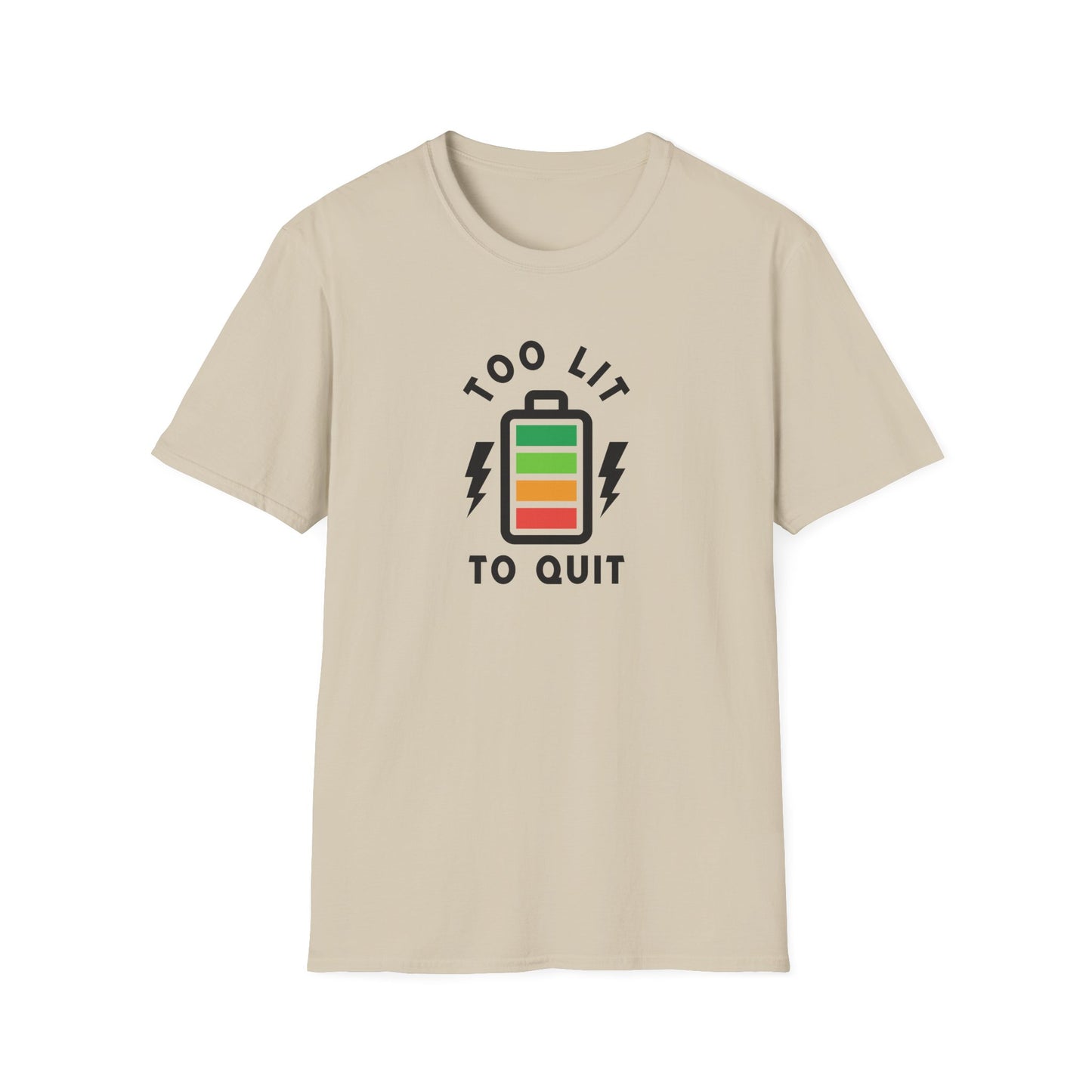 Too Lit to Quit Unisex Softstyle T-Shirt, Funny Tee, Gift for Him/Her, Battery Graphic, Casual Wear, Birthday Gift