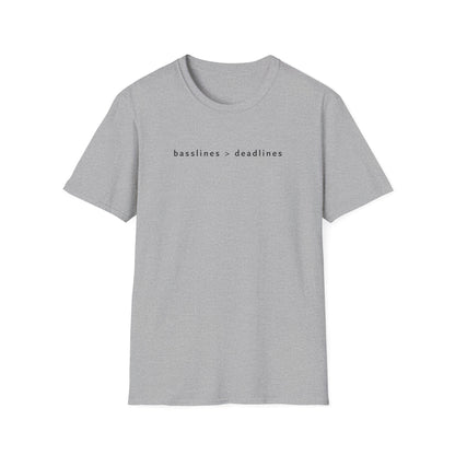 Basslines > Deadlines T-Shirt - Softstyle Graphic Tee, Casual Wear, Gift for Him/Her, Inspirational Apparel, Comfortable Daily Wear