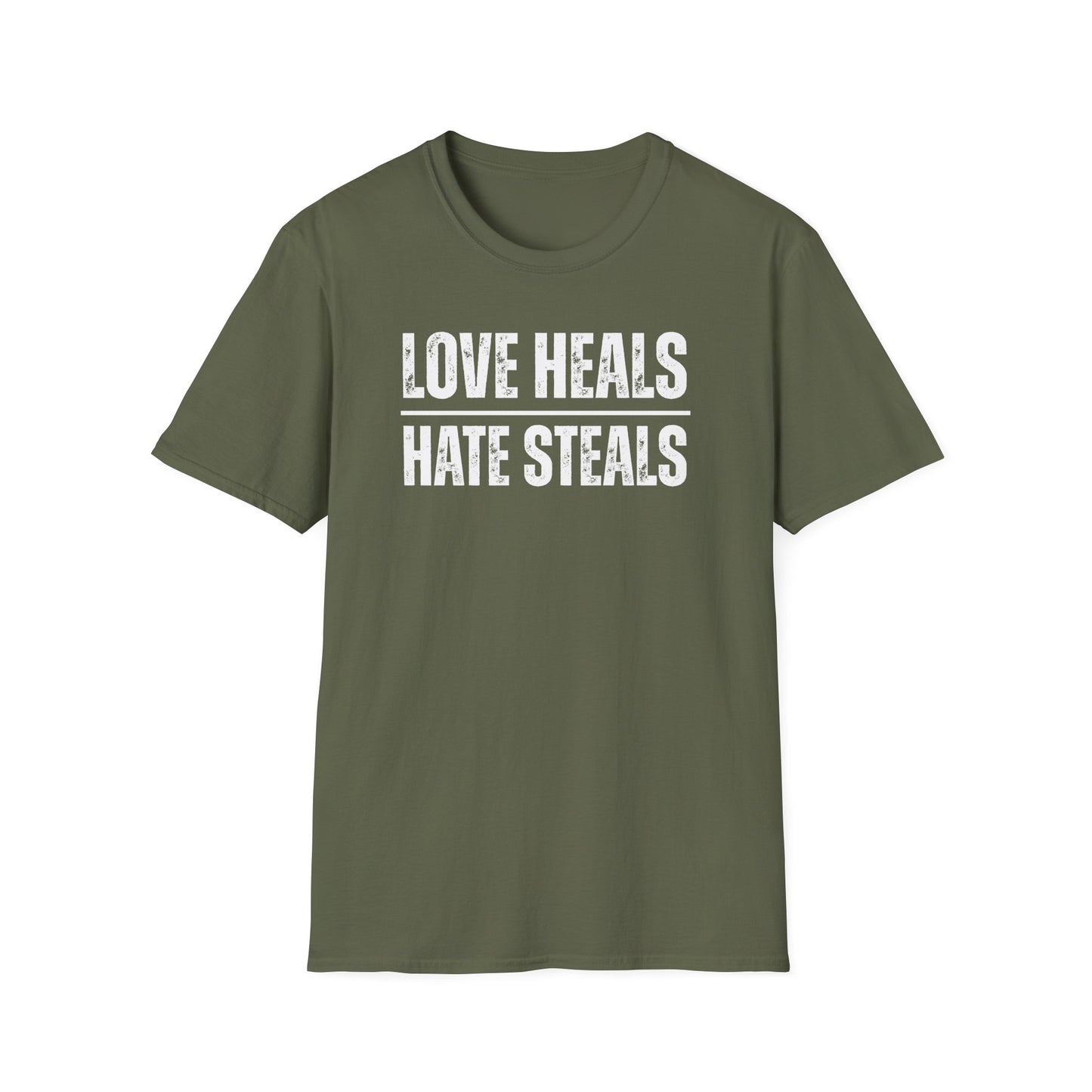 Unisex Softstyle T-Shirt with 'Love Heals, Hate Steals' Design - Inspirational Gift, Casual Wear, Positive Message, Everyday Tee, [...]