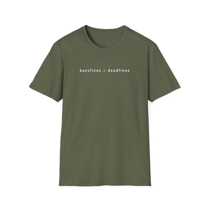 Basslines > Deadlines T-Shirt - Softstyle Graphic Tee, Casual Wear, Gift for Him/Her, Inspirational Apparel, Comfortable Daily Wear